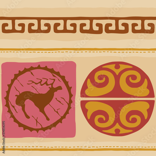 Seamless pattern. Ethnic background on the theme of Scythian and Turkic art, vector design.