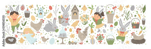 Vector Easter horizontal layout set with bunny, eggs and happy children isolated on white background. Christian holiday themed banner or invitation. Cute funny spring background..