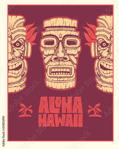 Design Poster Aloha Hawaii. Hand Drawn lettering with tiki masks.  vector illustration.