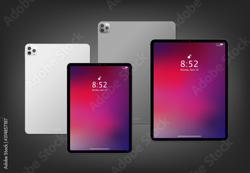 Realistic big and smile new tablet computer mockup design with abstract colored geometric wallpaper. Modern tablet PC isolated on dark grey background. Vector Illustration