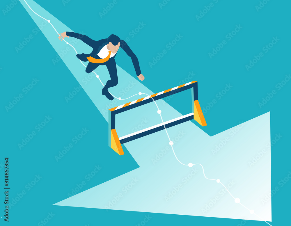 Business man running and jumping over hurdles towards success.  Winning and successfulness in business concept illustration