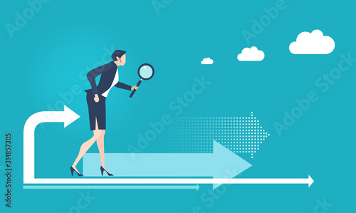 Business woman looking with magnify glass. Finding solution, solving problems, advisory and support in business 