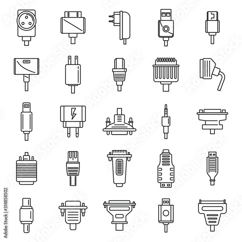 Adapter connector icons set. Outline set of adapter connector vector icons for web design isolated on white background
