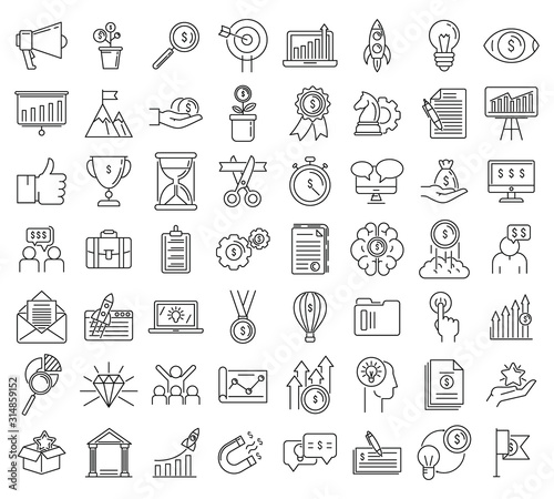 Startup icons set. Outline set of startup vector icons for web design isolated on white background