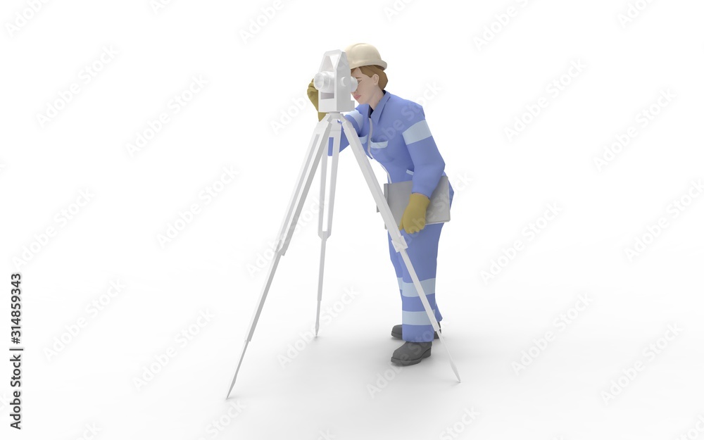 3d rendering of a man using a theodolite isolated in white studio