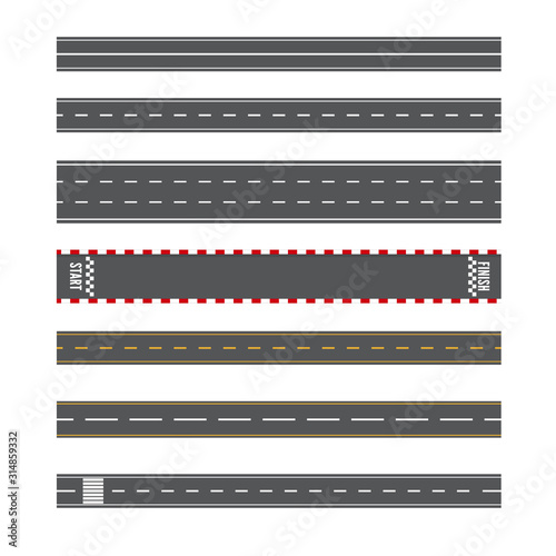 Set of Road Marking Isolated Background. Top View. Straight Highway