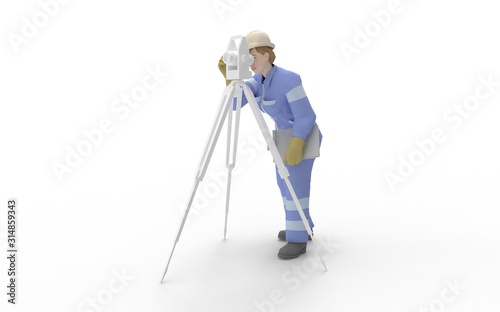 3d rendering of a man using a theodolite isolated in white studio