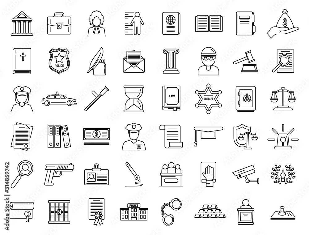 Justice legal icons set. Outline set of justice legal vector icons for web design isolated on white background