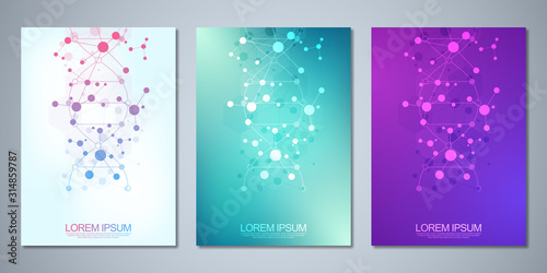 Vector template for cover or brochure, with molecules background and DNA strand. Medical or scientific and technological concept.
