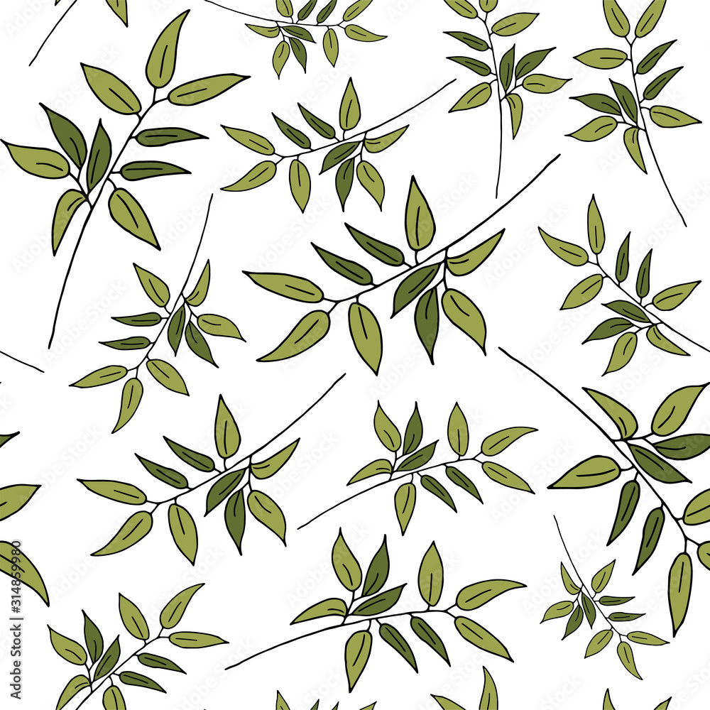 Fototapeta premium Hand drawn illustration. Seamless pattern with green leaves for background, fabric, wrapping paper. stock template design on white background.