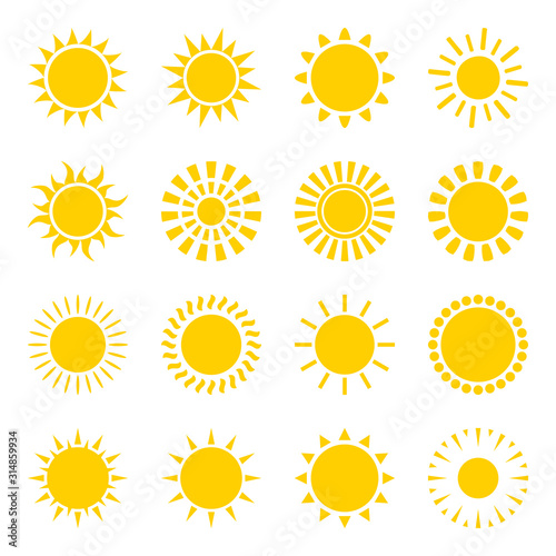 sun icons set. Flat shining symbols collection. Daylight logos