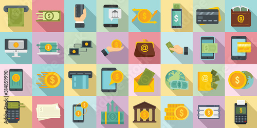 Money transfer icons set. Flat set of money transfer vector icons for web design