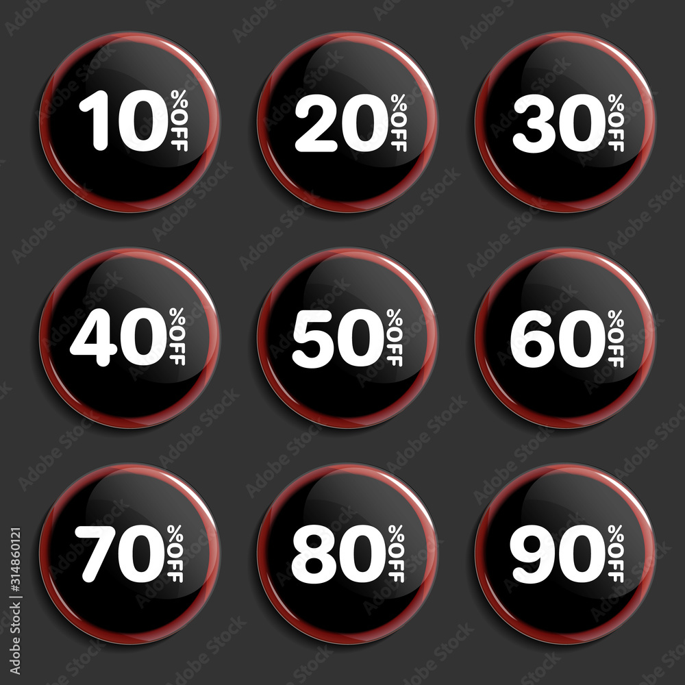 Discount percent black glass badges set. Sale promotions collection. Shopping marks Discount percent black glass badges set. Sale promotions collection. Shopping marks