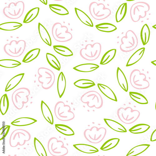 Hand drawn illustration. Seamless pattern with pink flowers for background, fabric, wrapping paper. stock template design on white background.