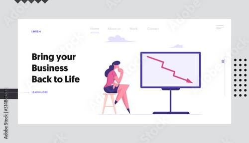 Financial Crisis, Investment Recession on Stock Website Landing Page. Businesswoman Looking on Chartboard with Red Arrow Going Down. Falling Chart Web Page Banner. Cartoon Flat Vector Illustration