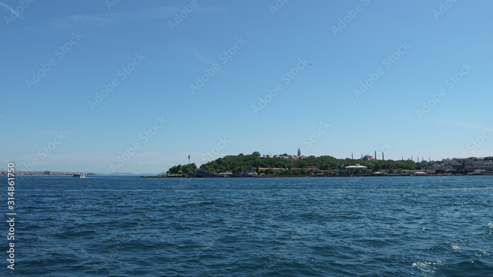 View from the sea to the Topkapi Palace and the Hagia Saphia. View from the sea to the Topkapi Palace and the Hagia Saphia.