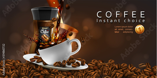 Coffee  advertising design  with cup of coffee and splash effect, 3D vector. High detailed realistic illustration