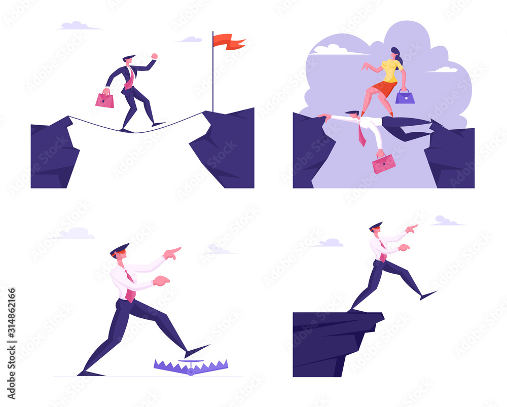 Set of Business People in Dangerous Crisis Situations Going to Abyss, Step to Trap, Running over Head of Colleague. Careerist Businesswoman Goal Achievement Concept Cartoon Flat Vector Illustration