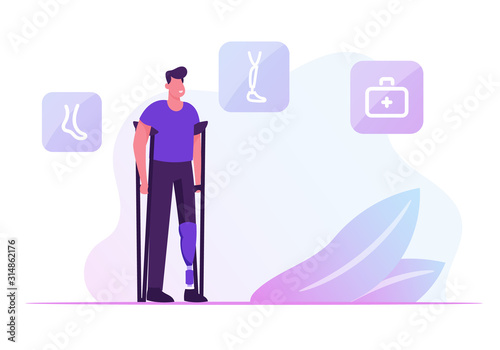 Invalid Handicapped Man Standing on Crutches with Prosthesis on Leg Visiting Orthopedy Clinic or Hospital. Healthcare Disability, Medicine, Therapy Doctor Appointment. Cartoon Flat Vector Illustration