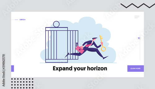 Financial Freedom Website Landing Page. Businessman with Golden Key Get Out of Metal Cage Escape Limitations, Creative Solution for Finance Success Web Page Banner. Cartoon Flat Vector Illustration
