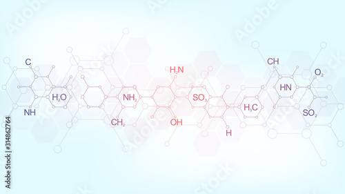 Abstract chemistry pattern on blue background with chemical formulas and molecular structures. Template design with concept and idea for science and innovation technology.