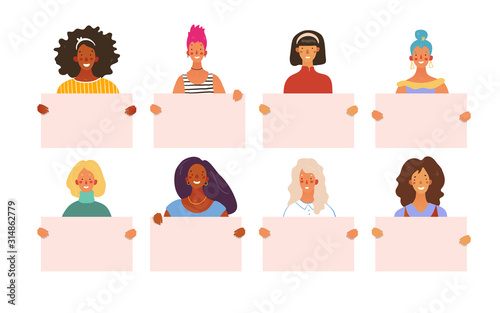 Girls and women of different nationalities hold in their hands sheets of paper with a place for text. Clip art for school. Female students with posters. Vector illustration