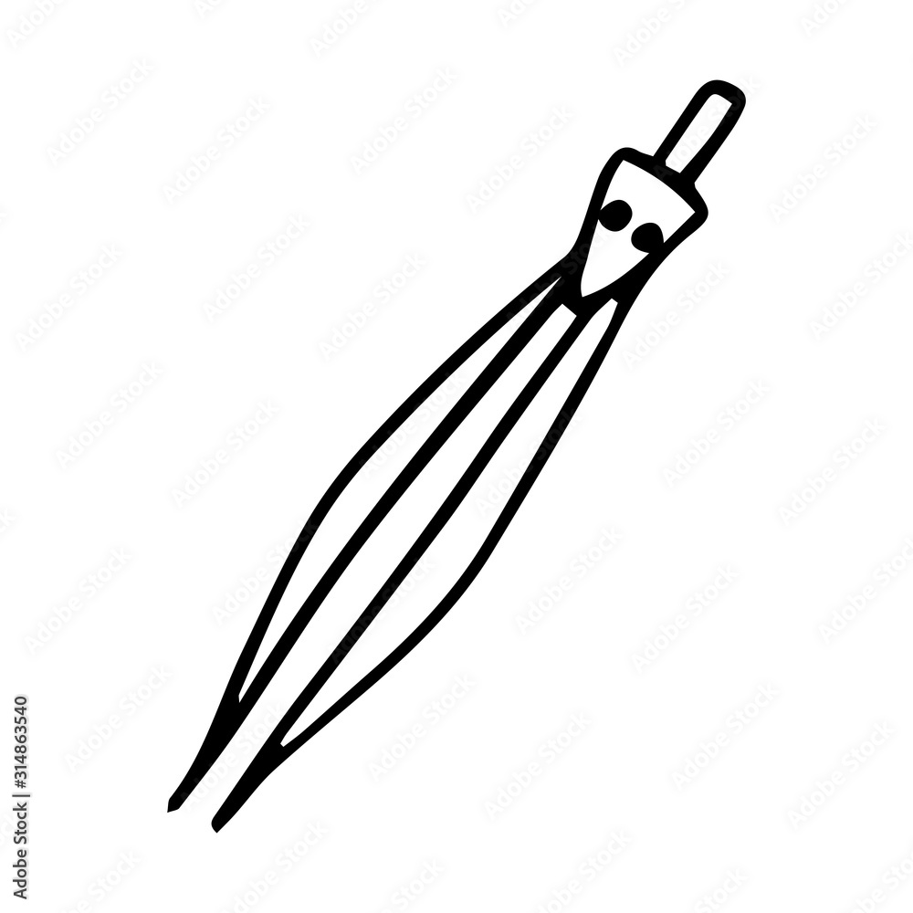 Simple doodle style compass. The element is hand-drawn and isolated on a white background. Black and white vector illustration. Office and stationery. School circle compass for drawing circles Simple doodle style compass. The element is hand-drawn and isolated on a white background. Black and white vector illustration. Office and stationery. School circle compass for drawing circles