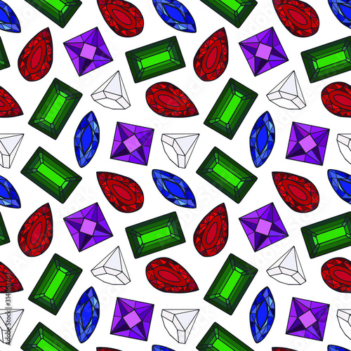 Seamless pattern of gemstones ruby, sapphire, amethyst, emerald, diamond. eps10 vector stock illustration