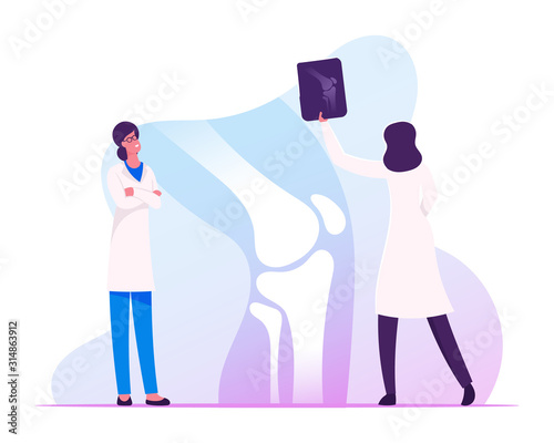 Medical Concilium, Healthcare Concept. Doctor Traumatologist Look at X-ray Picture with Limb Fracture Discuss Patient Treatment with Colleague Specialist in Hospital Cartoon Flat Vector Illustration