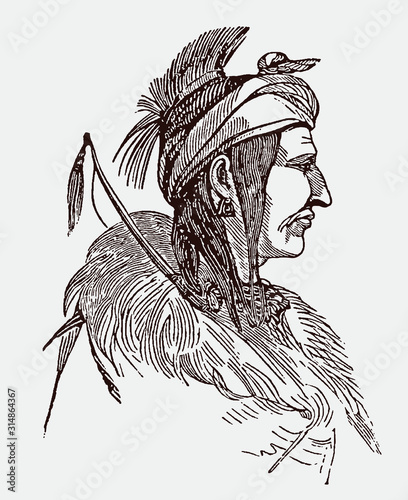 Portrait of Kondiaronk, historic chief of the Hurons in side view. Illustration after an engraving from the 19th century