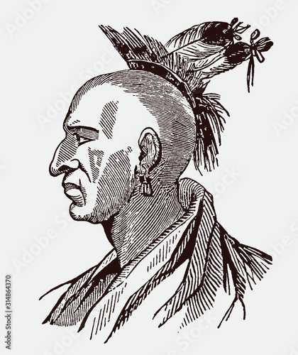 Portrait of historic Cayuga chief Oureouhare in side view. Illustration after antique engraving from 19th century photo