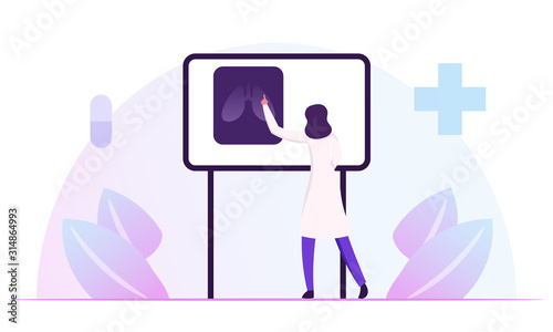 Pulmonology Specialist, Professional Doctor Stand at Laboratory Equipment Board with Image of Lungs Xray Learning Patient Fluorography. Medical Staff Work in Hospital. Cartoon Flat Vector Illustration