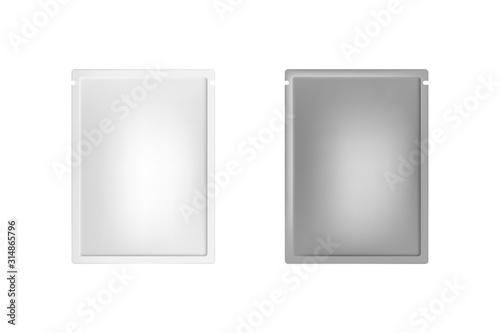 Paper vector white and black sachet mockup isolated on white background. Package for sauces, cream, lotion, shampoo, perfume samples. Prooduct mock-up with copy space for branding. Beauty merchandise.