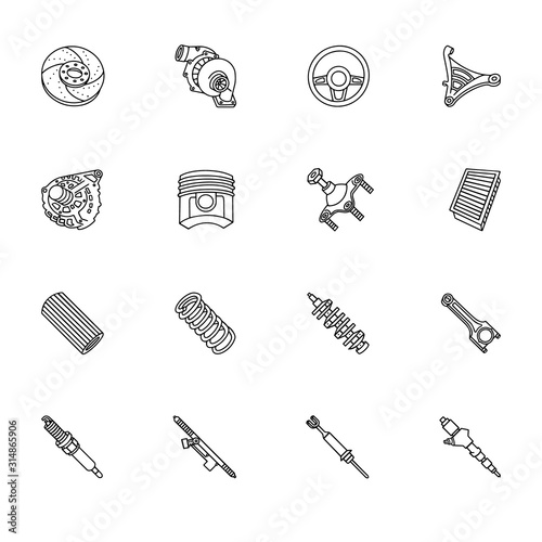 Auto car spare parts. Isometric outline icons. 3D pictograms vector set