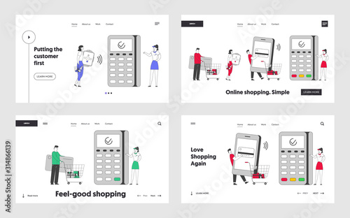 Cashless Payment Transaction Website Landing Page Set. Customers Stand in Queue in Supermarket Prepare Cards and Gadgets at Pos Terminal Web Page Banner. Cartoon Flat Vector Illustration, Line Art
