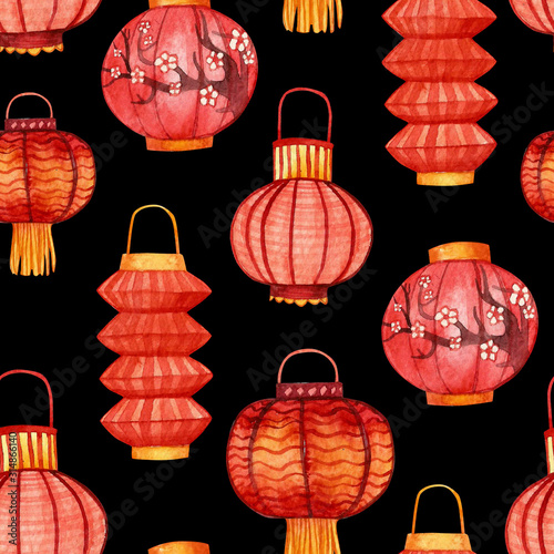 Watercolor background oriental Chinese New Year elements, lights. Seamless watercolor pattern. Hand-drawn watercolor illustration of the chinese lanterns on the black background.