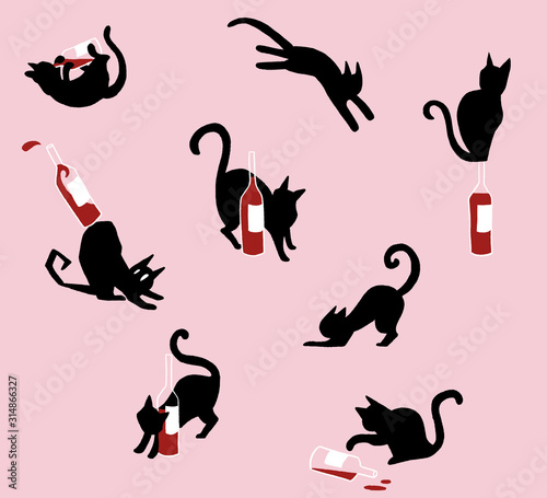 Black cats with bottles of red wine series