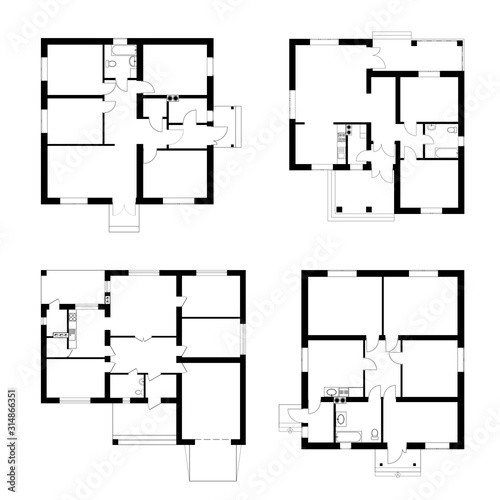 Set of ground floor blueprints. Vector unfurnished floor plans for your design. Suburban house set.