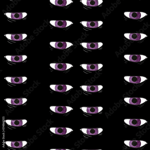 Seamless pattern of eyes. Watercolor colorful retro eye witness cartoon illustration background pattern.