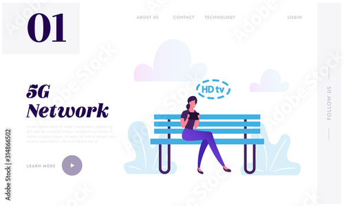 High-speed 5G Internet. Social Media Networking Technology Website Landing Page. Woman with Tablet Communicating Online and Watching HD Tv Programs Web Page Banner. Cartoon Flat Vector Illustration