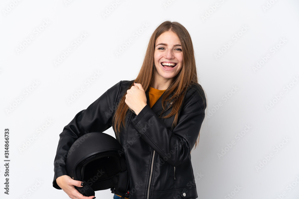 Woman with a motorcycle helmet celebrating a victory Woman with a motorcycle helmet celebrating a victory