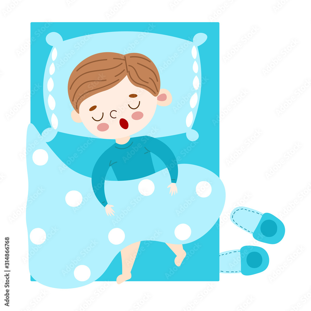 The cute brown-haired little boy lovely sleeping under the duvet in blue bed top view. Vector illustration in flat cartoon style. The cute brown-haired little boy lovely sleeping under the duvet in blue bed top view. Vector illustration in flat cartoon style.