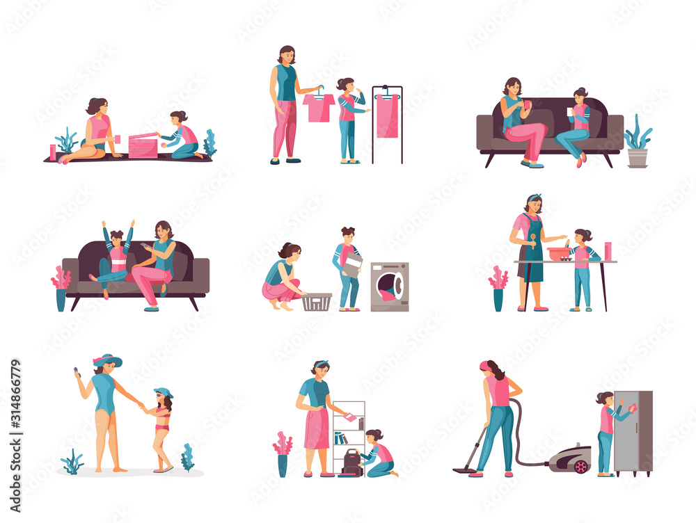 Leisure together mother daughter. Mother, children spending time together. Friendly family parenting, helping parents, relaxing, cleaning, cooking in kitchen, doing housework, shopping cartoon vector