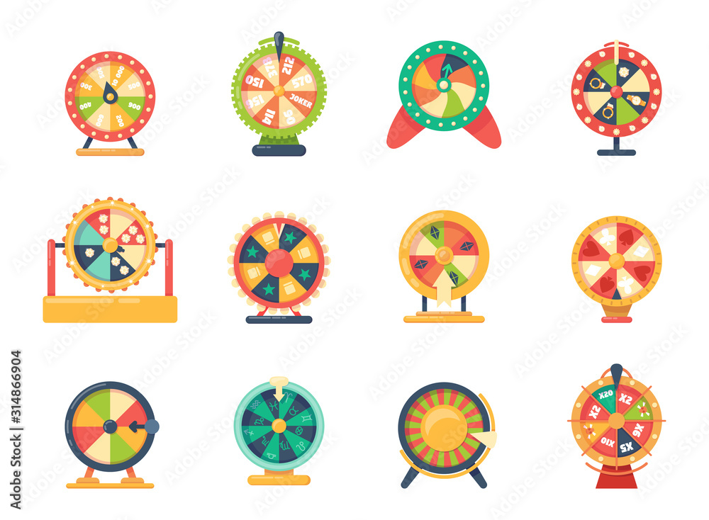 Roulette wheel fortune gaming, jewelry, with bonuses horoscope money set vector. Game icons casino roulette of chance. Gaming wheels of fortune for casino, web game. Try success, good luck, win prize