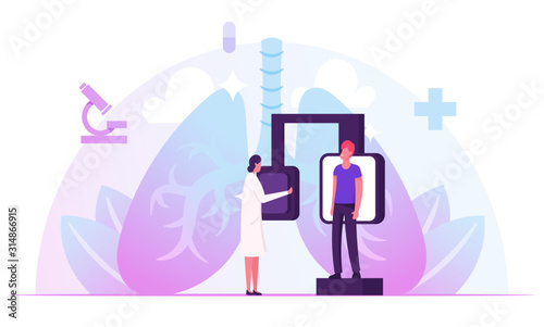 Fluorographic Examination, X-ray Medical Diagnostics Checkup. Radiology Equipment for Patient Pulmonology Disease Doctor Research Pathology on Scan Image for Diagnosis Cartoon Flat Vector Illustration