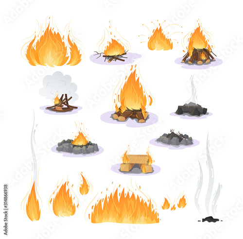 Firewood boards, bonfire of branches, logs, fire burning wooden logs