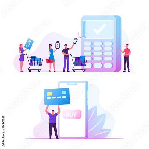 Online Payment Concept. Man Buyer Hold Credit Card for Paying in Smartphone. People with Purchases at Cashier Desk, Salesman Prepare Pos Terminal for Cashless Paying Cartoon Flat Vector Illustration © Sergii Pavlovskyi