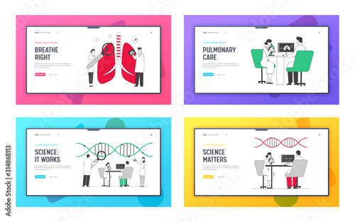 Medical Pulmonological Care Website Landing Page Set. Doctors Check Up Lungs for Fibrosis Tuberculosis Pneumonia Cancer Diagnosis Research Web Page Banner. Cartoon Flat Vector Illustration, Line Art