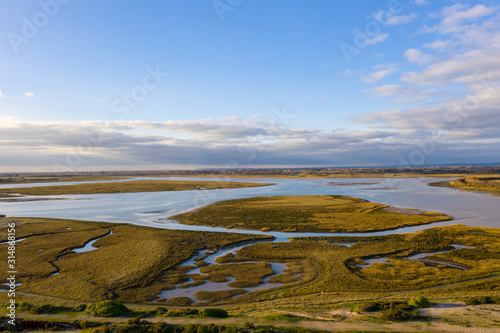 Pagham Harbour a nature reserve aerial view from the beach on a clear and beautiful day in January.