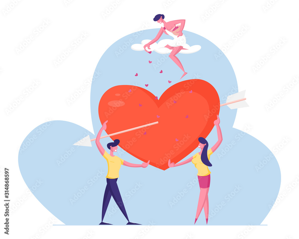 Loving Couple Dating Concept. Young Man and Woman Holding Huge Red Pierced Heart Looking on Each Other with Love under Cupid on Cloud Throwing Hearts Petals from Sky Cartoon Flat Vector Illustration
